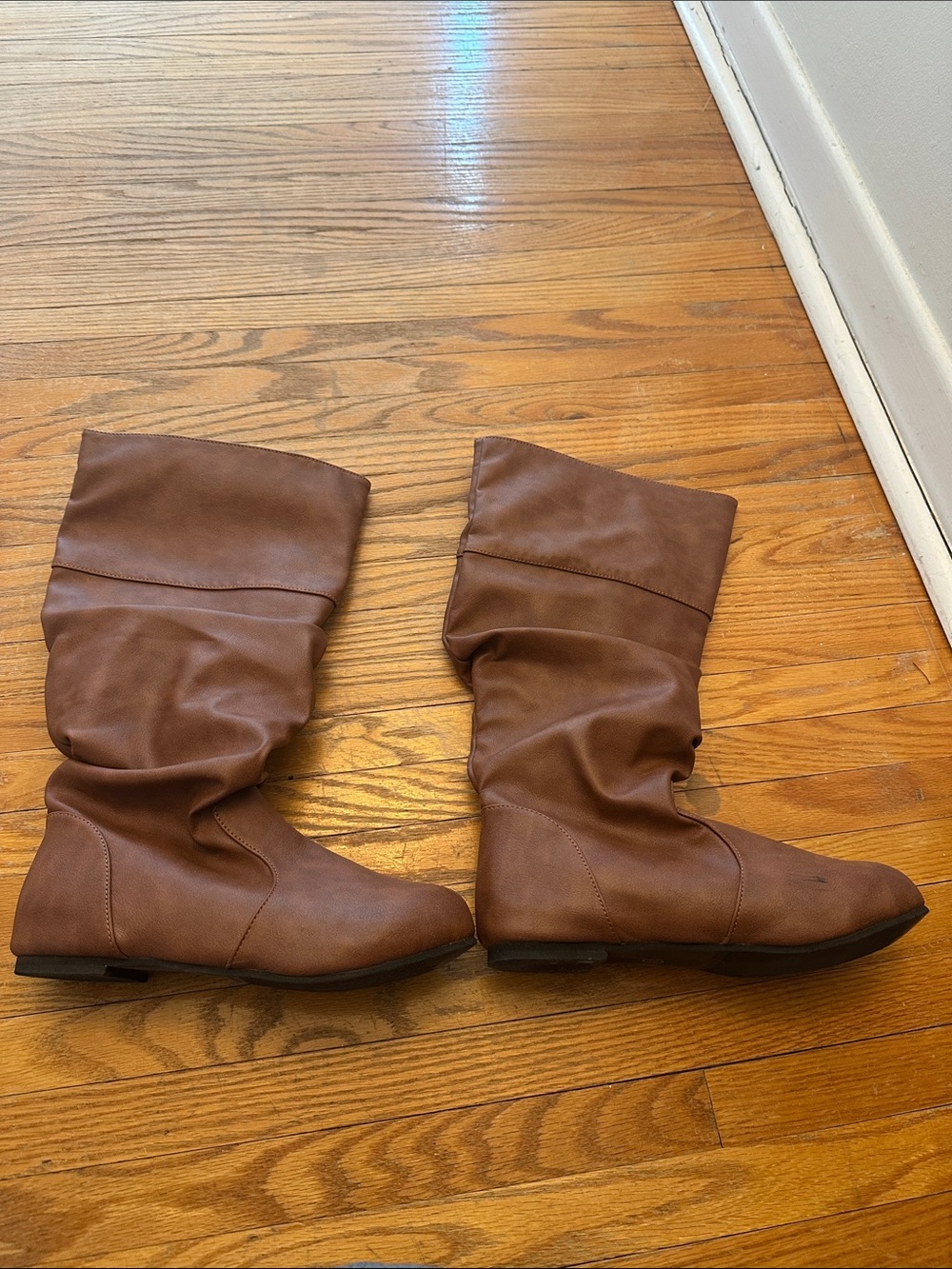 Women's Slouchy Mid-Calf Heeled Boots — Cognac Brown Faux Leather